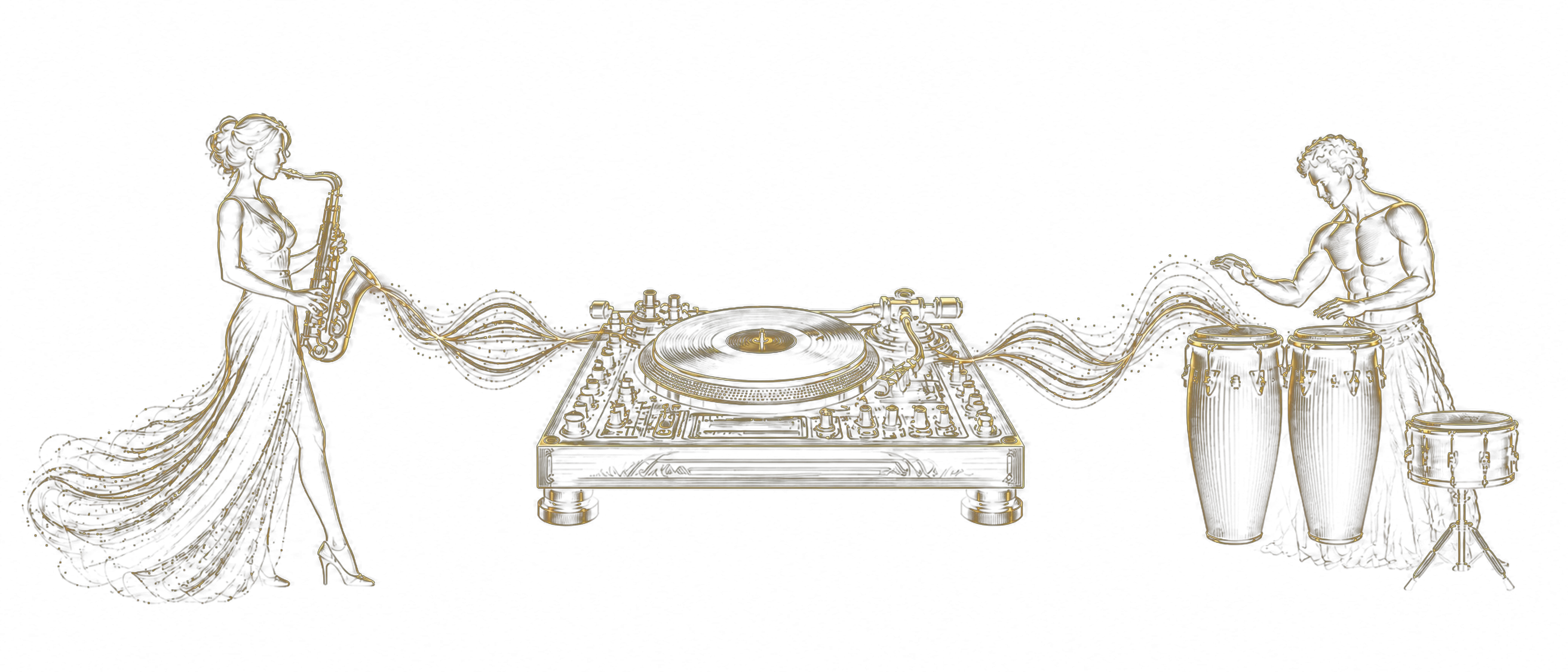 Filigrane doré transparent représentant une saxophoniste, une platine DJ et un percussionniste reliés par une onde sonore.